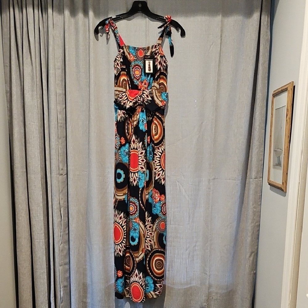 WinWin Red and Blue Patterned Sash Waisr Tie Strap Maxi Sundress